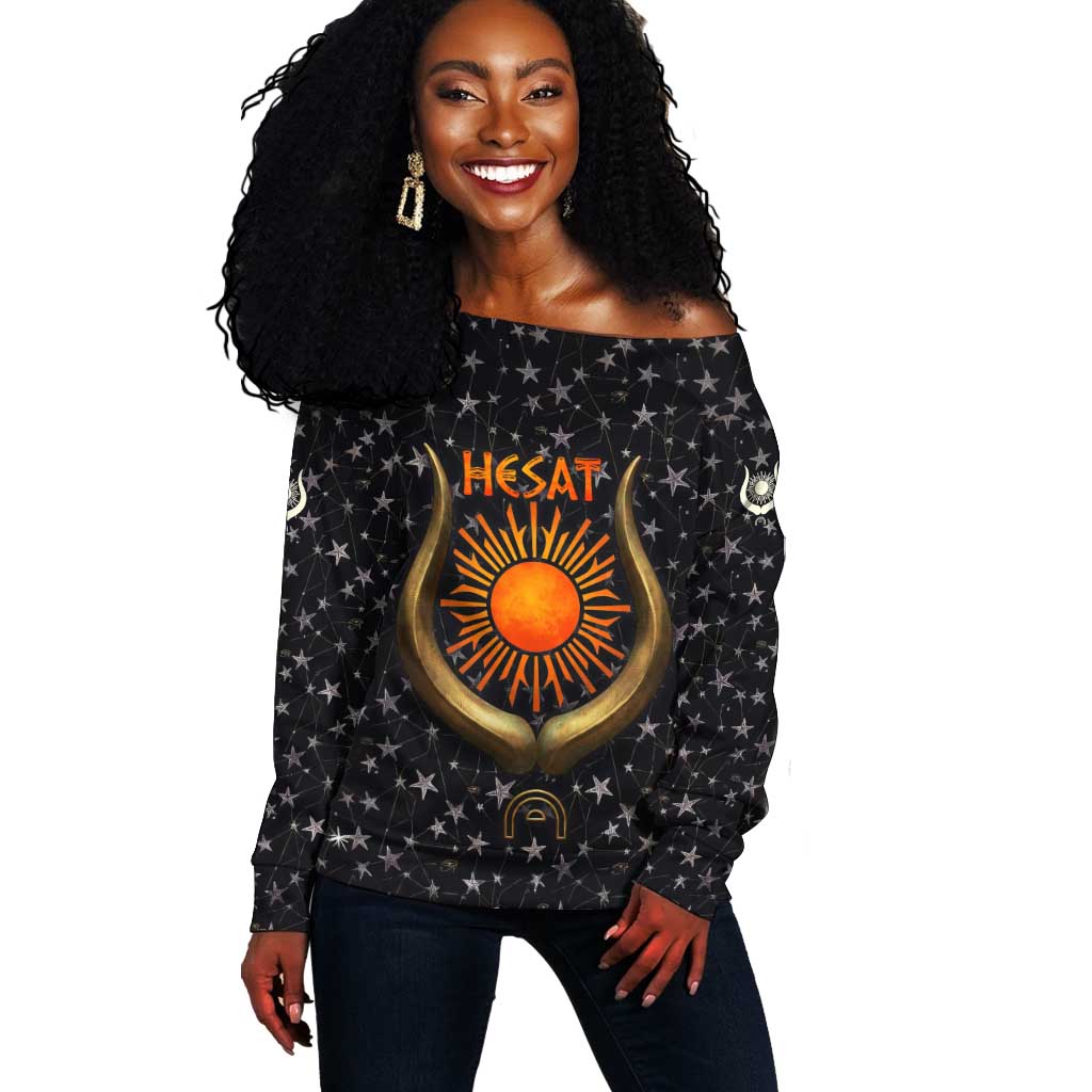 Hesat Solar Horn Symbol Off Shoulder Sweater Egyptian Cosmic Cow in Starry Milky Way