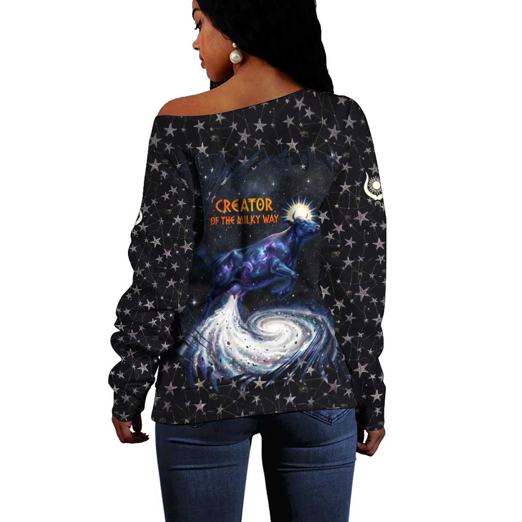 Hesat Solar Horn Symbol Off Shoulder Sweater Egyptian Cosmic Cow in Starry Milky Way