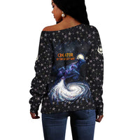 Hesat Solar Horn Symbol Off Shoulder Sweater Egyptian Cosmic Cow in Starry Milky Way