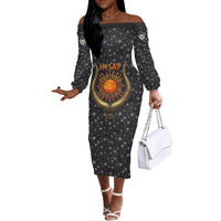 Hesat Solar Horn Symbol Off The Shoulder Long Sleeve Dress Egyptian Cosmic Cow in Starry Milky Way