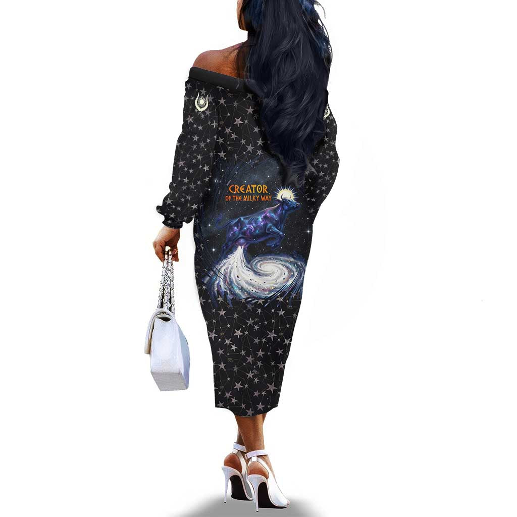 Hesat Solar Horn Symbol Off The Shoulder Long Sleeve Dress Egyptian Cosmic Cow in Starry Milky Way