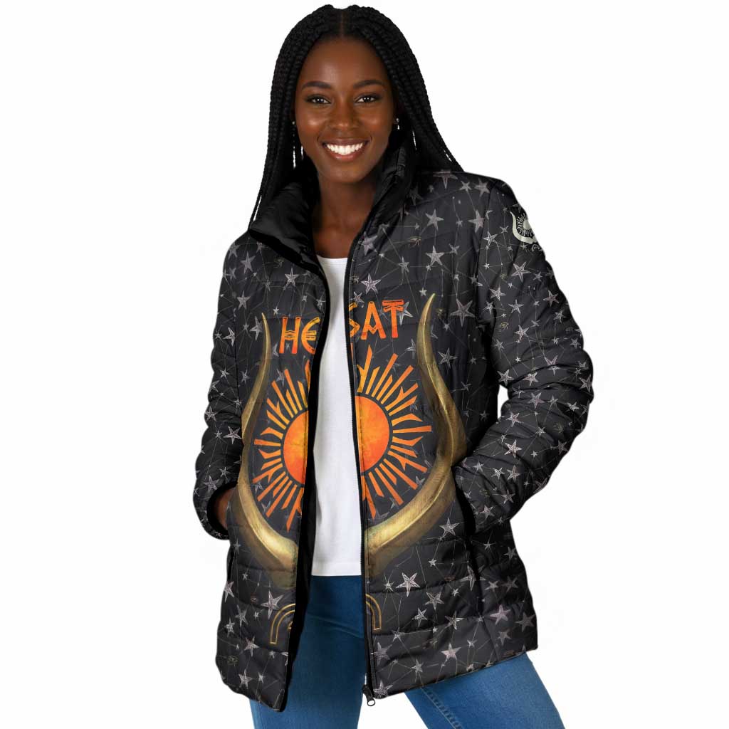 Hesat Solar Horn Symbol Padded Jacket Egyptian Cosmic Cow in Starry Milky Way