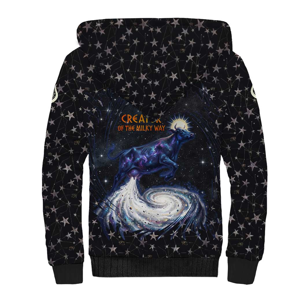 Hesat Solar Horn Symbol Sherpa Hoodie Egyptian Cosmic Cow in Starry Milky Way