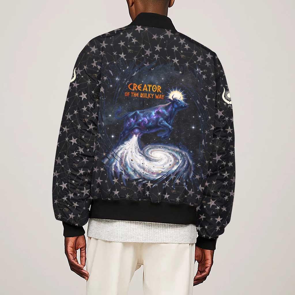 Hesat Solar Horn Symbol Sleeve Zip Bomber Jacket Egyptian Cosmic Cow in Starry Milky Way