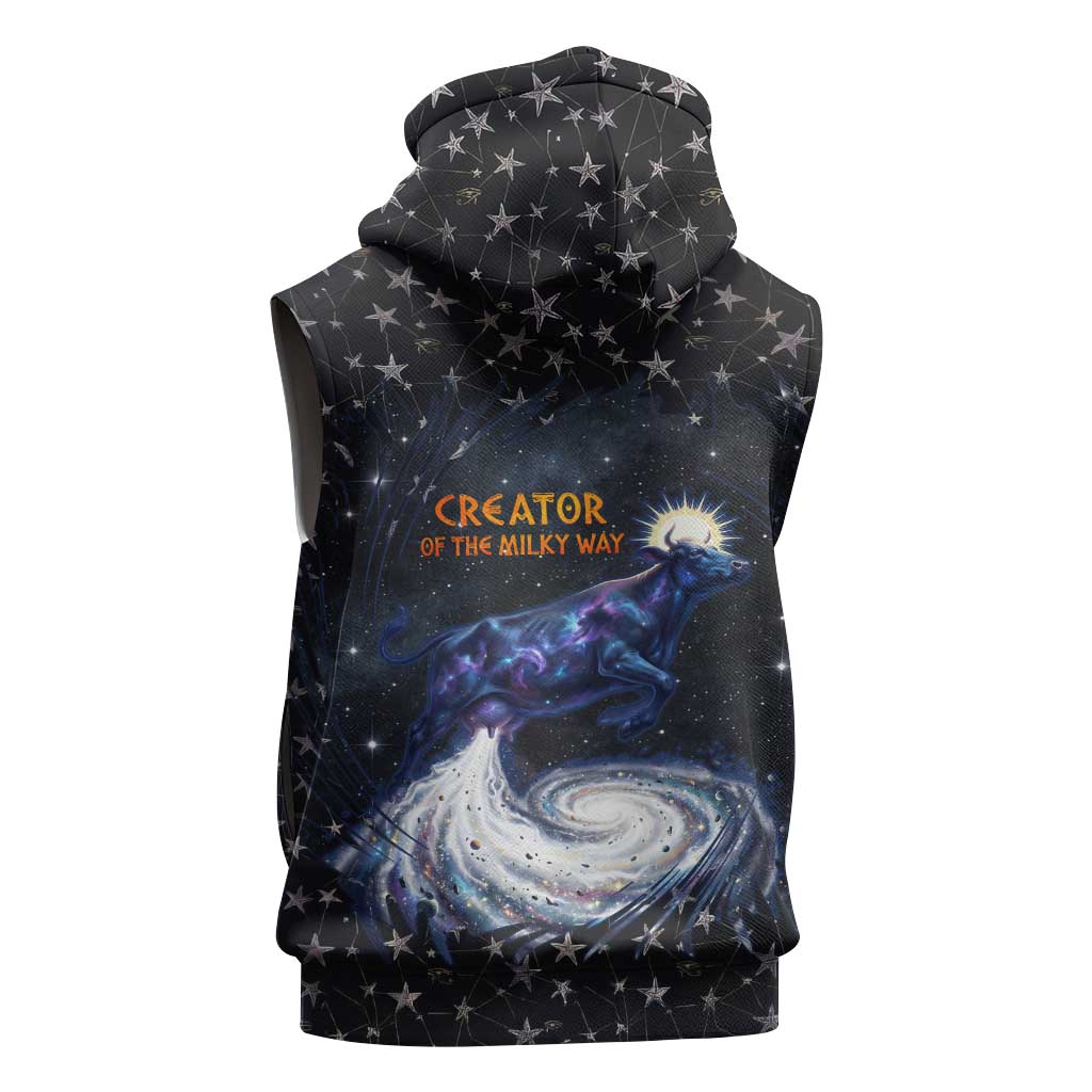 Hesat Solar Horn Symbol Sleeveless Zip Hoodie Egyptian Cosmic Cow in Starry Milky Way