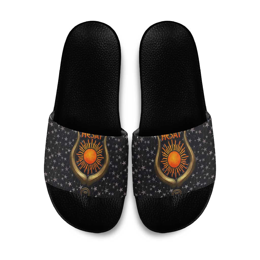 Hesat Solar Horn Symbol Slide Sandals Egyptian Cosmic Cow in Starry Milky Way