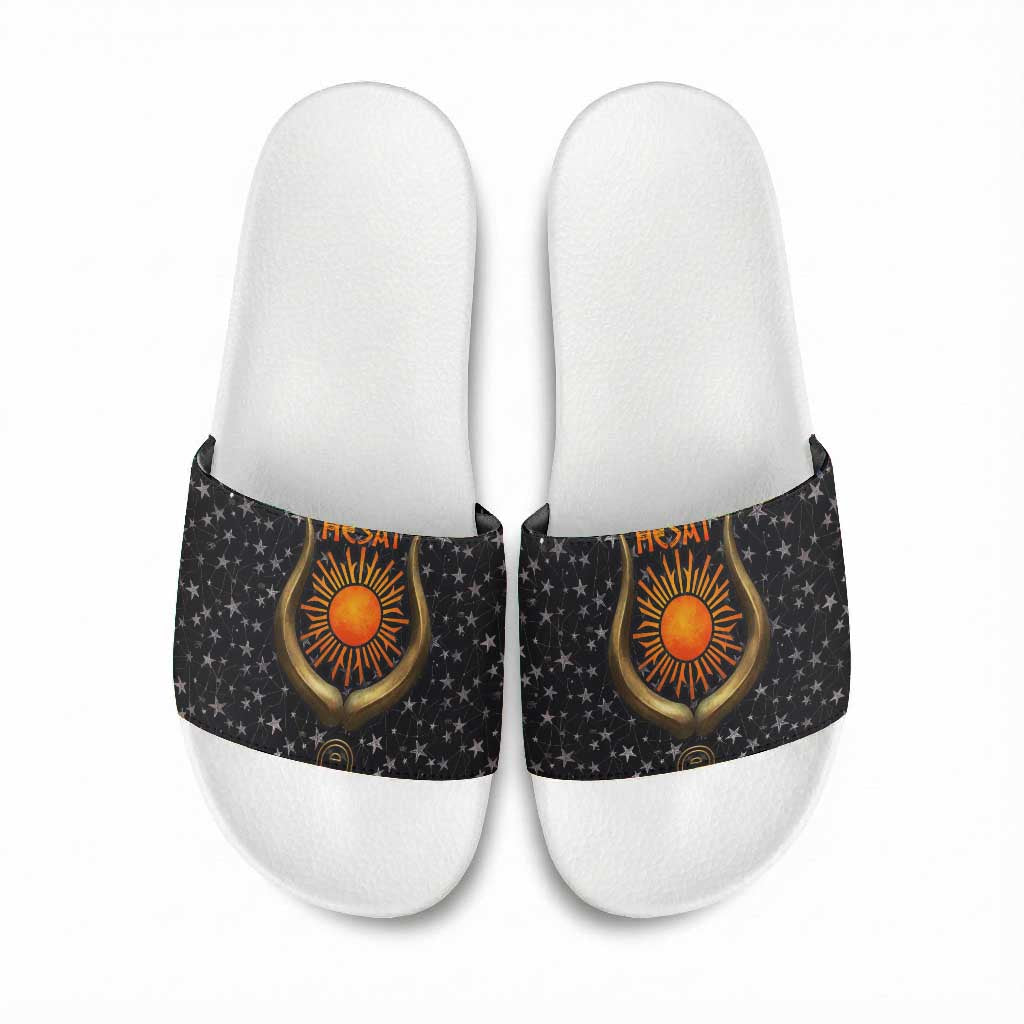 Hesat Solar Horn Symbol Slide Sandals Egyptian Cosmic Cow in Starry Milky Way