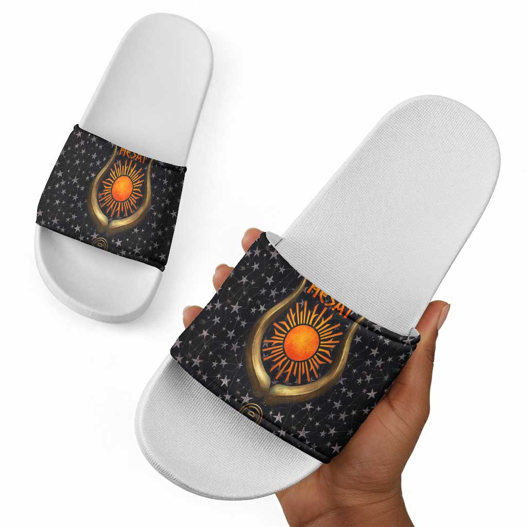 Hesat Solar Horn Symbol Slide Sandals Egyptian Cosmic Cow in Starry Milky Way