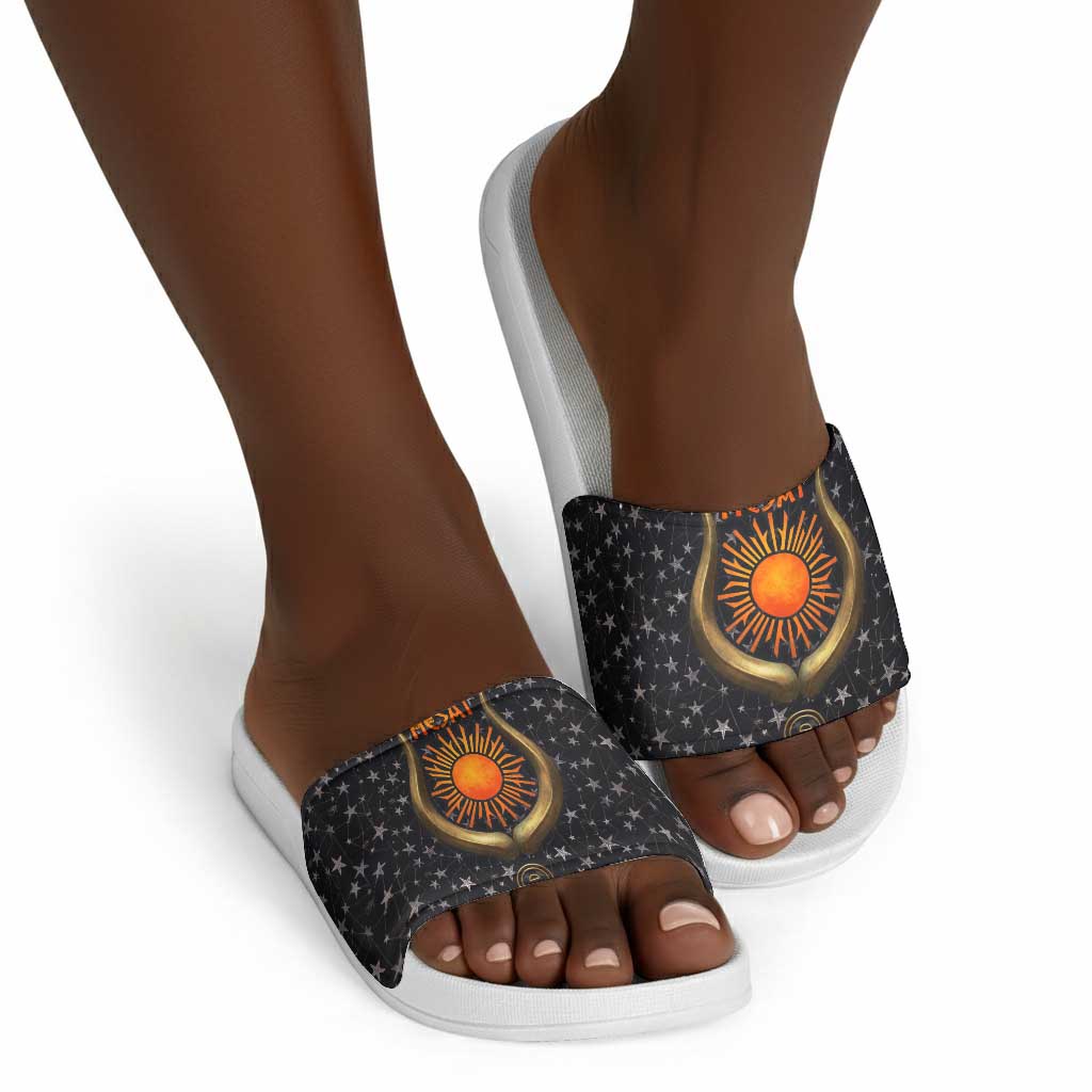 Hesat Solar Horn Symbol Slide Sandals Egyptian Cosmic Cow in Starry Milky Way