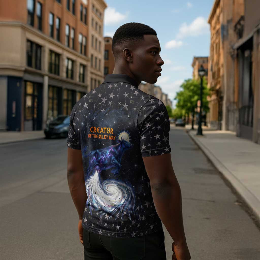 Hesat Solar Horn Symbol Zipper Polo Shirt Egyptian Cosmic Cow in Starry Milky Way
