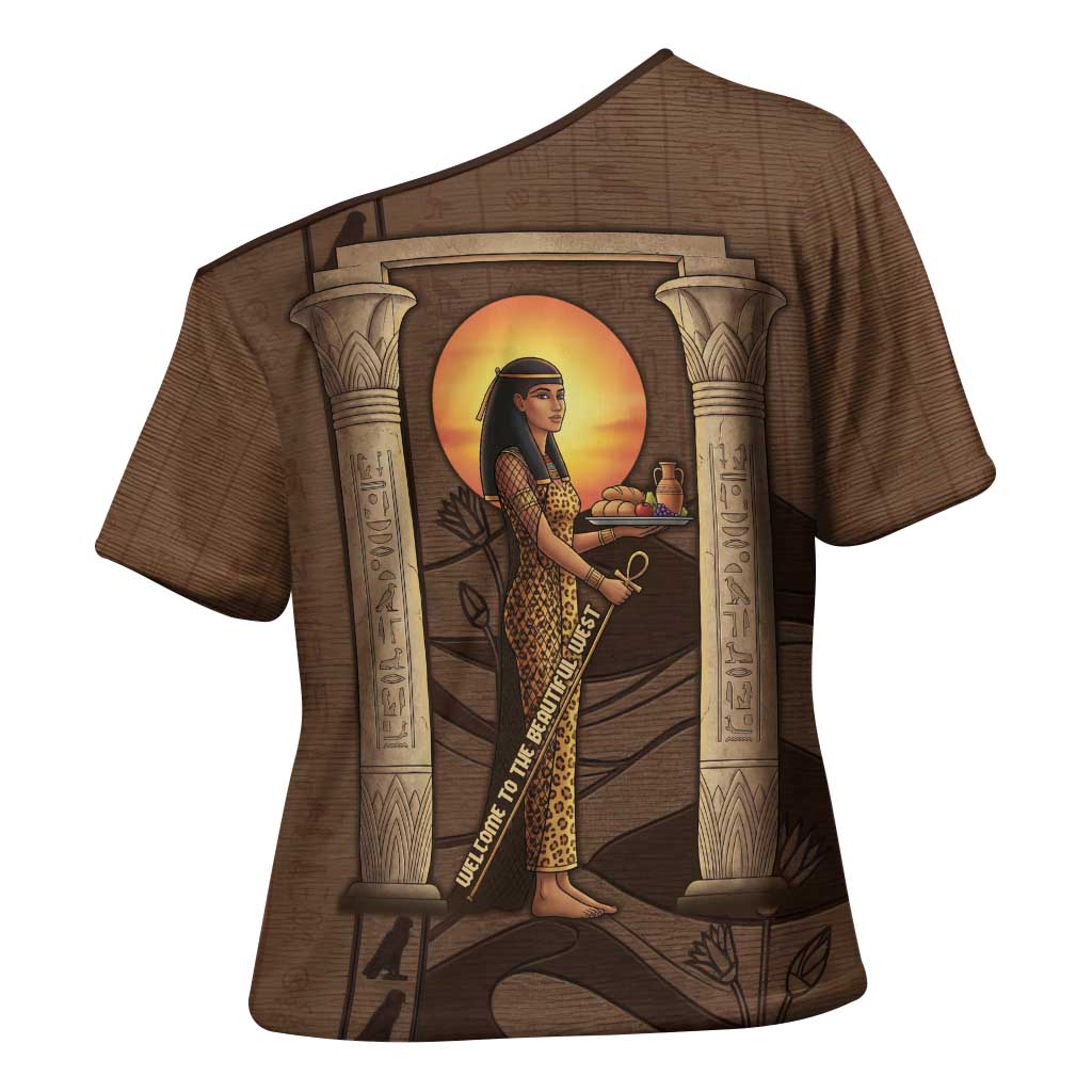 Imenet Sunlit Temple Columns Cross Shoulder Shirt with Ancient Egyptian Offering Scene