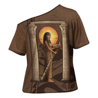 Imenet Sunlit Temple Columns Cross Shoulder Shirt with Ancient Egyptian Offering Scene