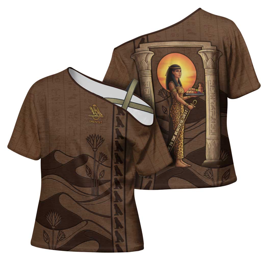 Imenet Sunlit Temple Columns Cross Shoulder Shirt with Ancient Egyptian Offering Scene