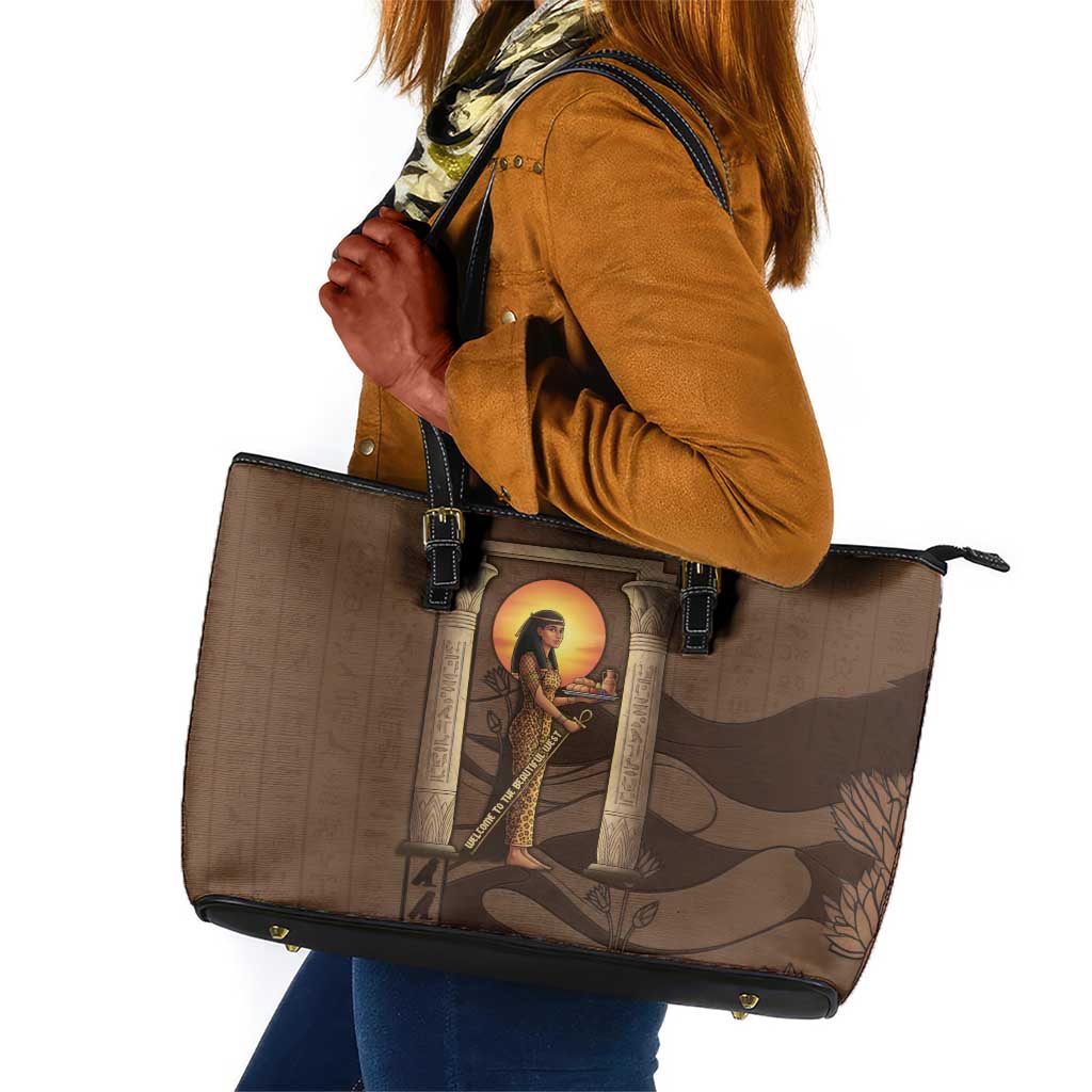 Imenet Sunlit Temple Columns Leather Tote Bag with Ancient Egyptian Offering Scene