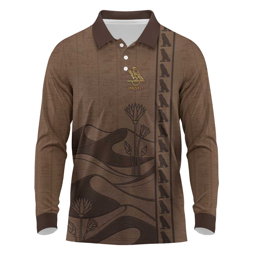 Imenet Sunlit Temple Columns Long Sleeve Polo Shirt with Ancient Egyptian Offering Scene
