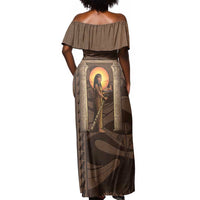 Imenet Sunlit Temple Columns Off Shoulder Maxi Dress with Ancient Egyptian Offering Scene