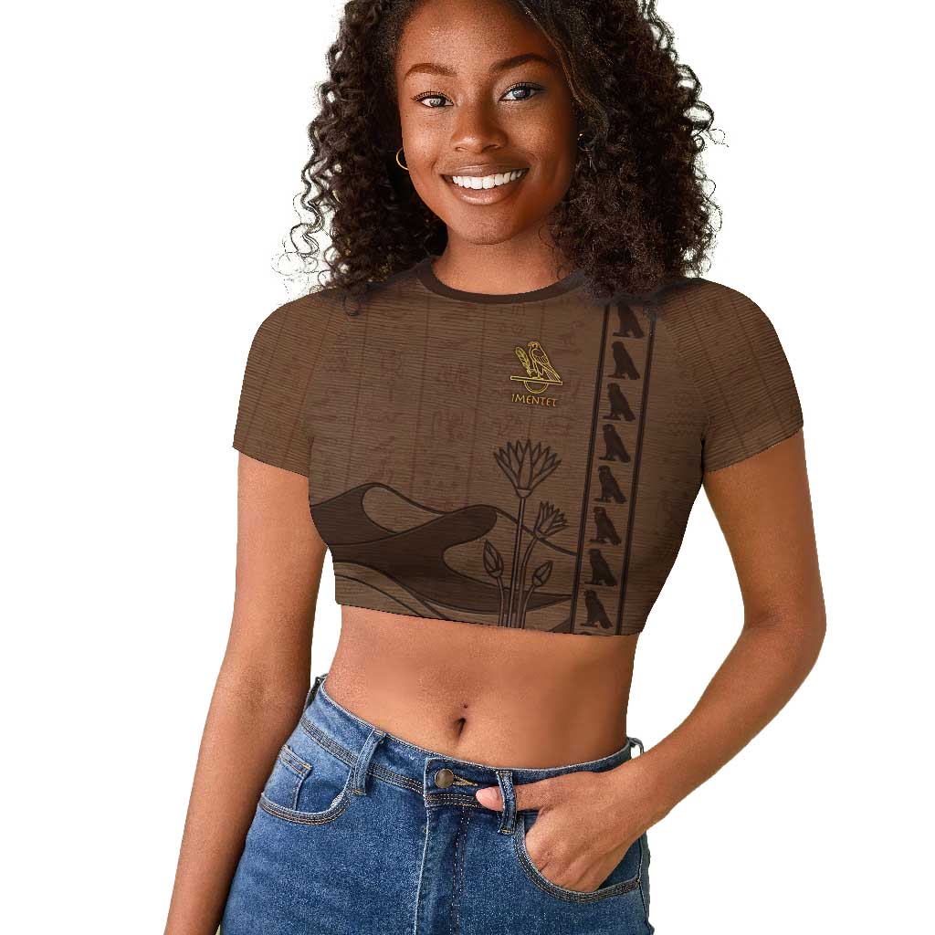 Imenet Sunlit Temple Columns Raglan Cropped T shirt with Ancient Egyptian Offering Scene
