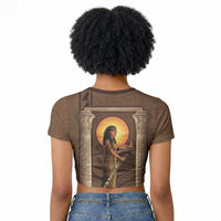 Imenet Sunlit Temple Columns Raglan Cropped T shirt with Ancient Egyptian Offering Scene