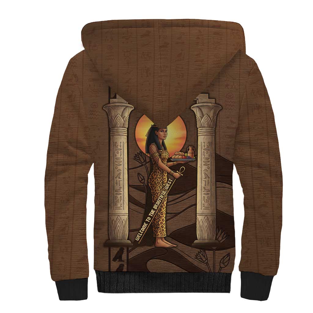 Imenet Sunlit Temple Columns Sherpa Hoodie with Ancient Egyptian Offering Scene