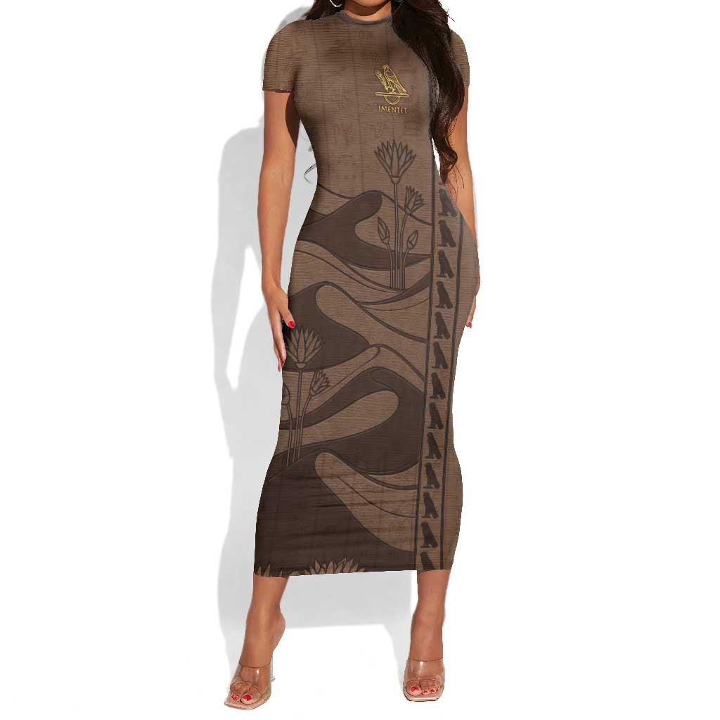 Imenet Sunlit Temple Columns Short Sleeve Bodycon Dress with Ancient Egyptian Offering Scene