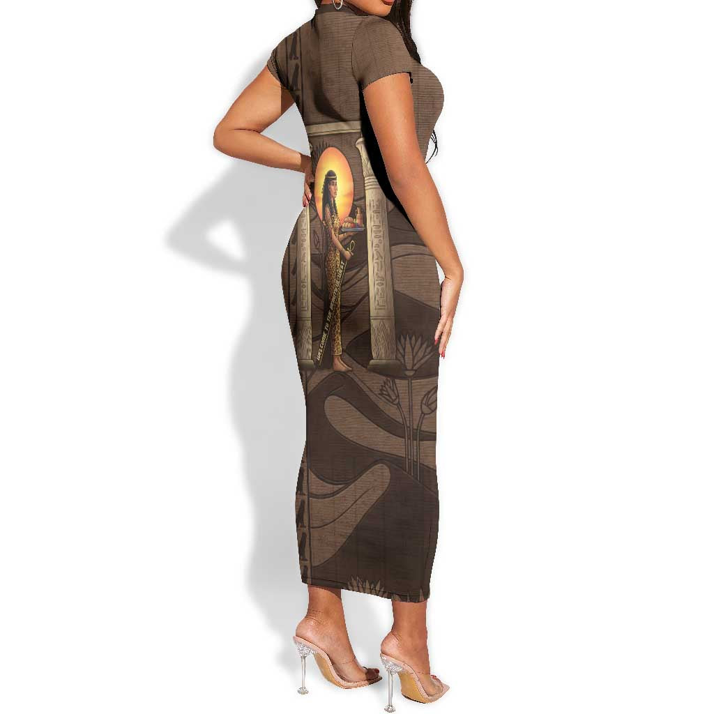 Imenet Sunlit Temple Columns Short Sleeve Bodycon Dress with Ancient Egyptian Offering Scene