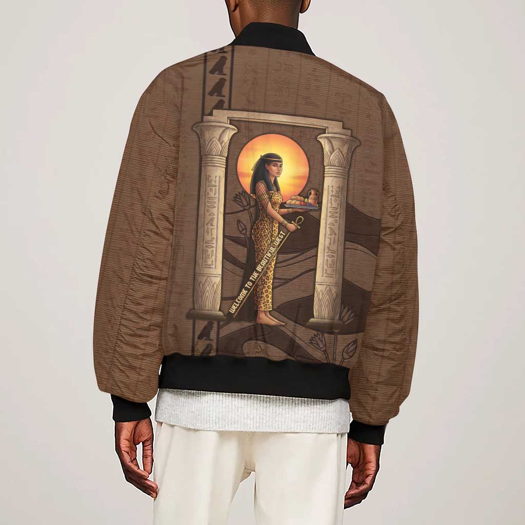 Imenet Sunlit Temple Columns Sleeve Zip Bomber Jacket with Ancient Egyptian Offering Scene