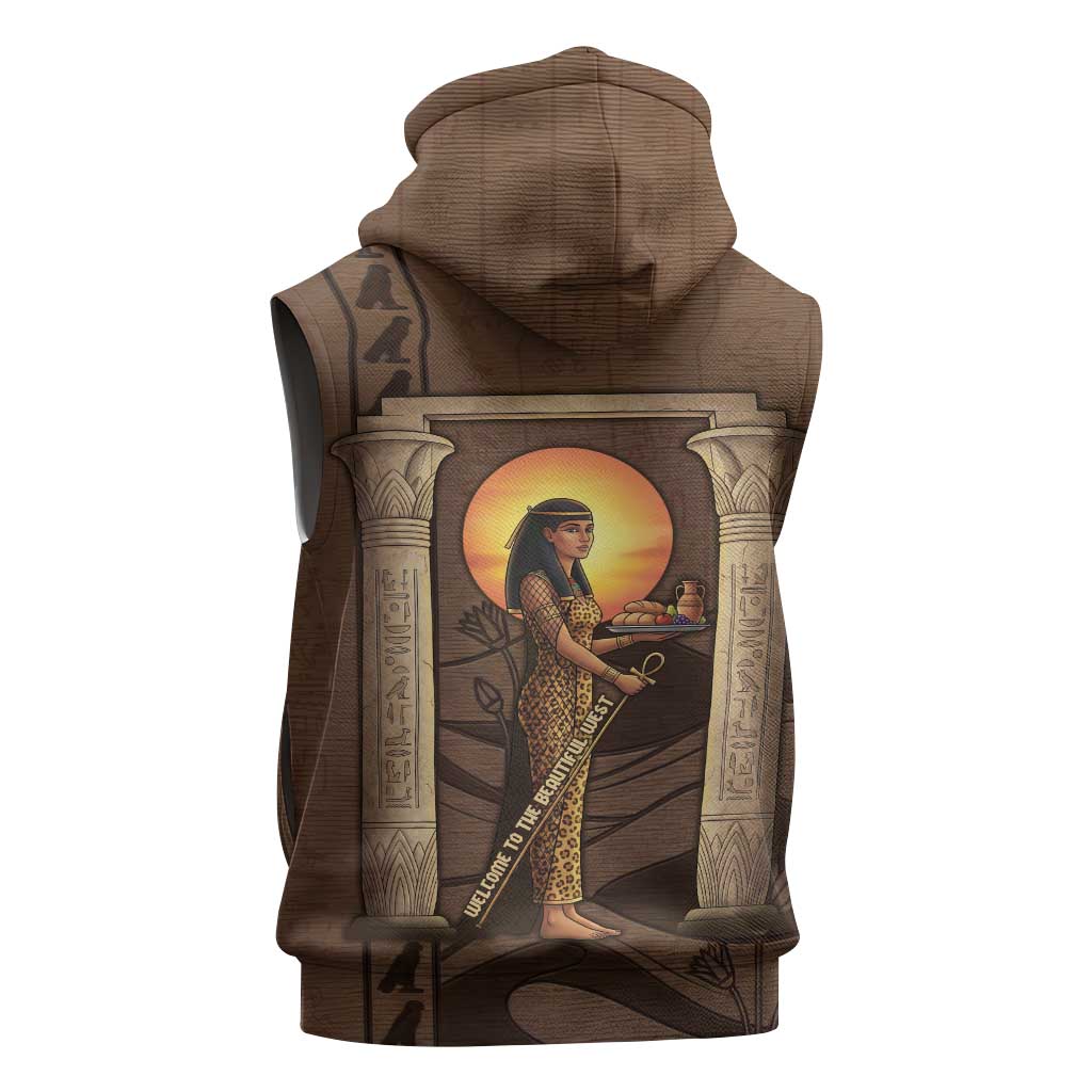 Imenet Sunlit Temple Columns Sleeveless Hoodie with Ancient Egyptian Offering Scene