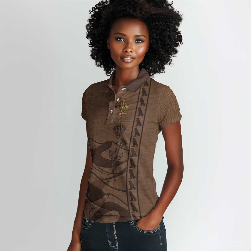 Imenet Sunlit Temple Columns Women Polo Shirt with Ancient Egyptian Offering Scene