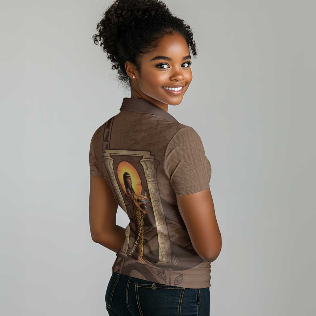 Imenet Sunlit Temple Columns Women Polo Shirt with Ancient Egyptian Offering Scene