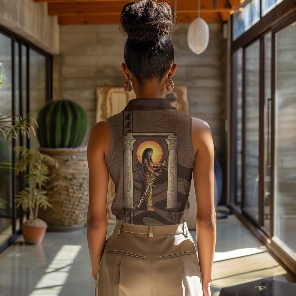 Imenet Sunlit Temple Columns Women Sleeveless Polo Shirt with Ancient Egyptian Offering Scene