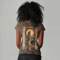 Imenet Sunlit Temple Columns Women V-Neck T-Shirt with Ancient Egyptian Offering Scene