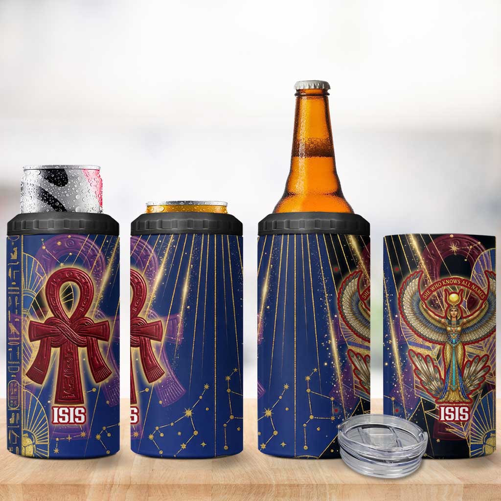 Isis Ankh Symbol 4 in 1 Can Cooler Tumbler with Celestial Wings in Ancient Egyptian Cosmic