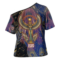 Isis Ankh Symbol Cross Shoulder Shirt with Celestial Wings in Ancient Egyptian Cosmic