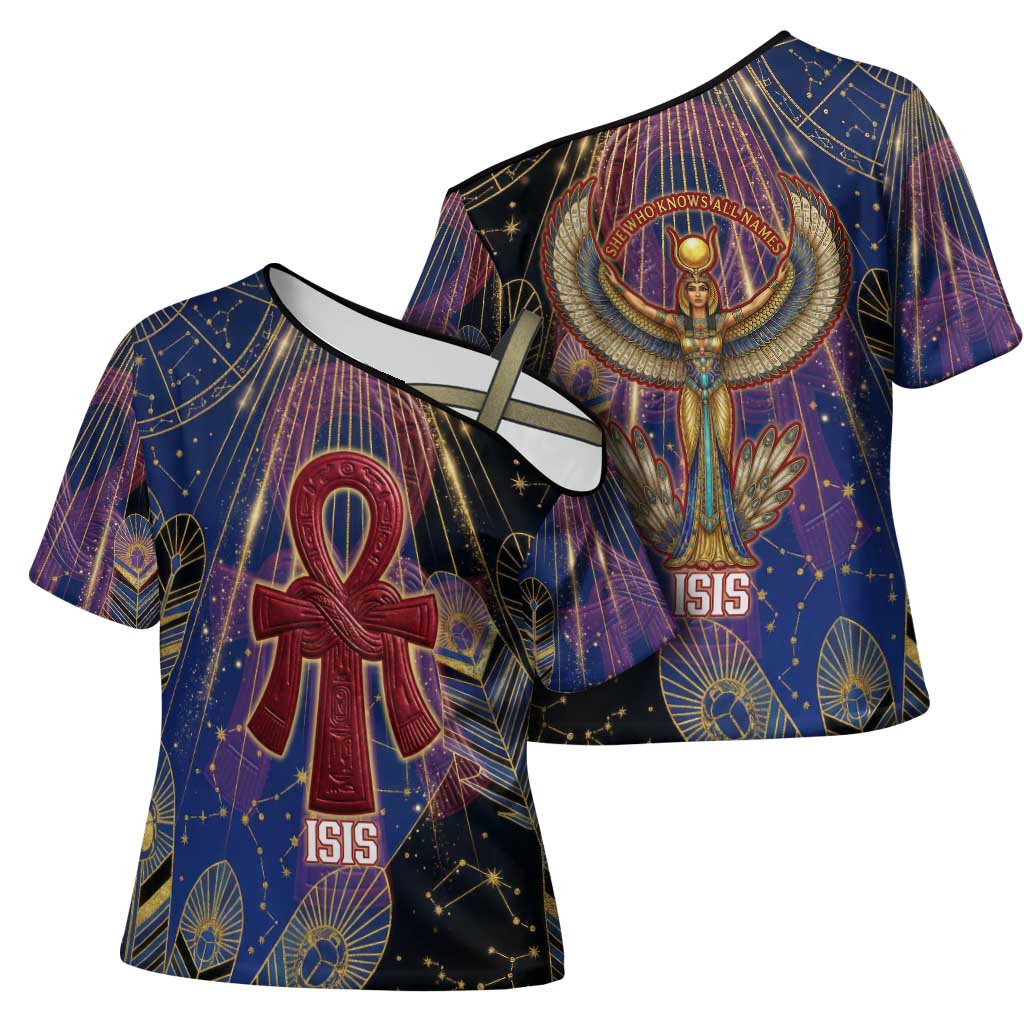 Isis Ankh Symbol Cross Shoulder Shirt with Celestial Wings in Ancient Egyptian Cosmic