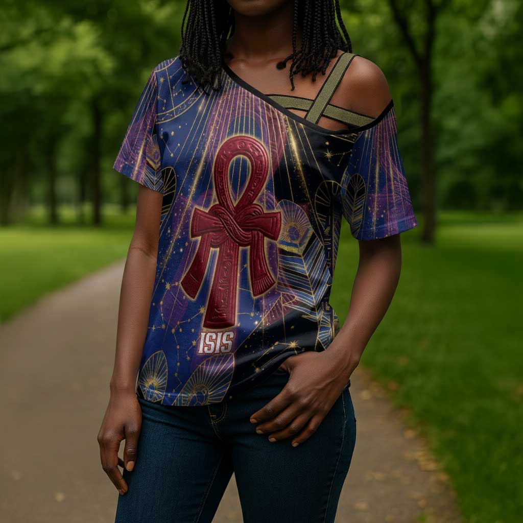 Isis Ankh Symbol Cross Shoulder Shirt with Celestial Wings in Ancient Egyptian Cosmic