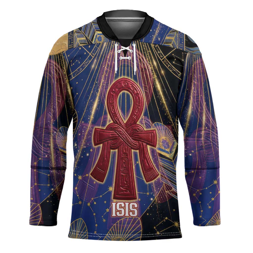 Isis Ankh Symbol Hockey Jersey with Celestial Wings in Ancient Egyptian Cosmic
