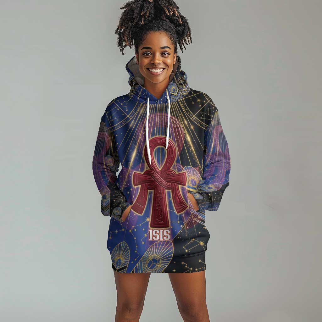 Isis Ankh Symbol Hoodie Dress with Celestial Wings in Ancient Egyptian Cosmic