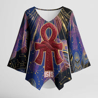 Isis Ankh Symbol Kimono Sleeve Blouse with Celestial Wings in Ancient Egyptian Cosmic