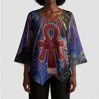 Isis Ankh Symbol Kimono Sleeve Blouse with Celestial Wings in Ancient Egyptian Cosmic
