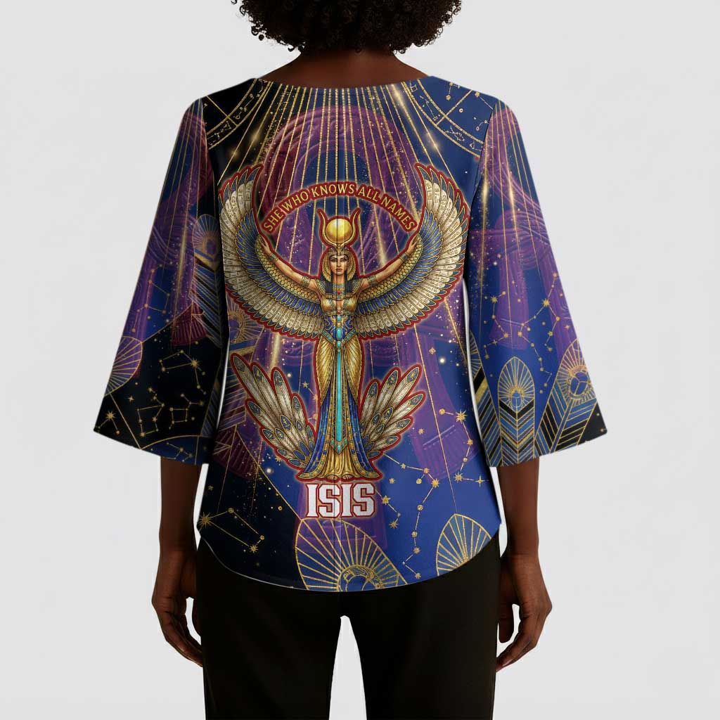 Isis Ankh Symbol Kimono Sleeve Blouse with Celestial Wings in Ancient Egyptian Cosmic