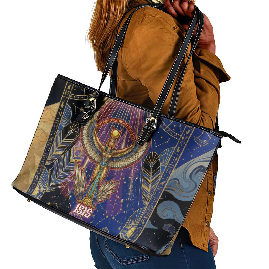 Isis Ankh Symbol Leather Tote Bag with Celestial Wings in Ancient Egyptian Cosmic
