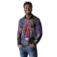 Isis Ankh Symbol Long Sleeve Polo Shirt with Celestial Wings in Ancient Egyptian Cosmic