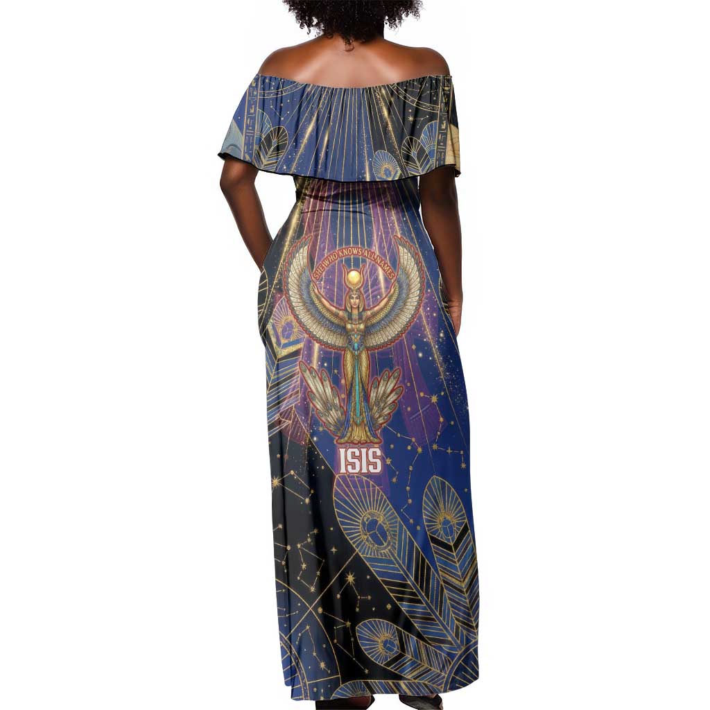 Isis Ankh Symbol Off Shoulder Maxi Dress with Celestial Wings in Ancient Egyptian Cosmic