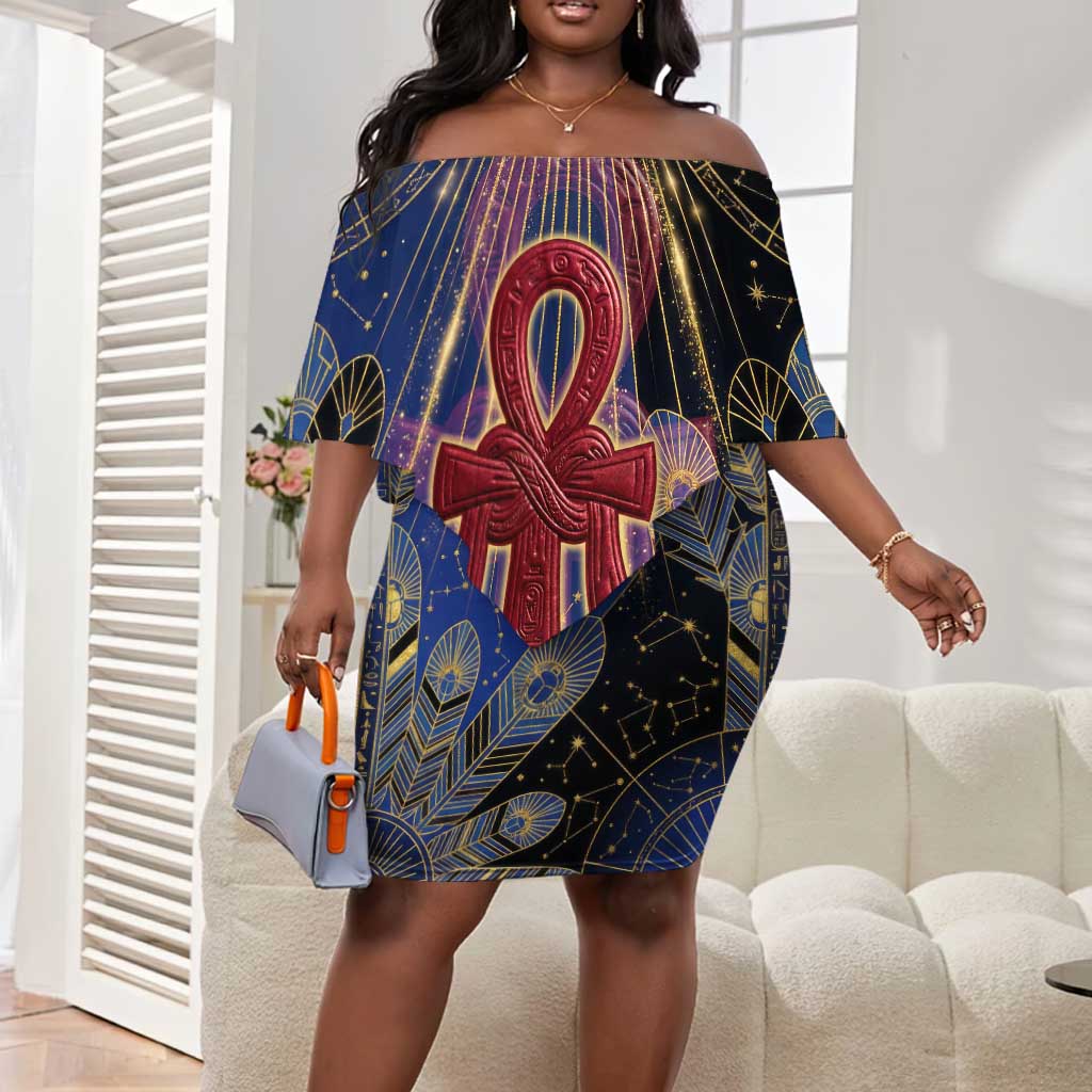 Isis Ankh Symbol Off Shoulder Short Dress with Celestial Wings in Ancient Egyptian Cosmic