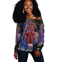 Isis Ankh Symbol Off Shoulder Sweater with Celestial Wings in Ancient Egyptian Cosmic
