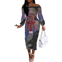 Isis Ankh Symbol Off The Shoulder Long Sleeve Dress with Celestial Wings in Ancient Egyptian Cosmic