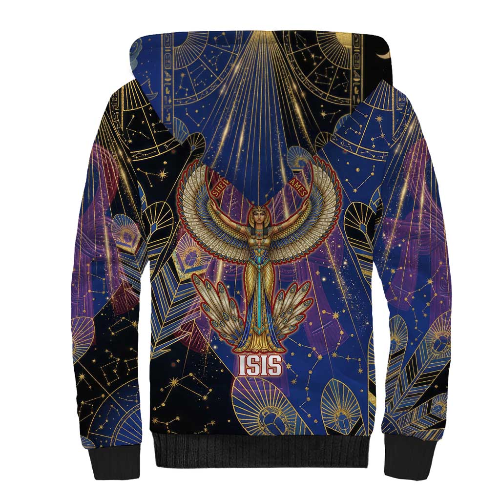 Isis Ankh Symbol Sherpa Hoodie with Celestial Wings in Ancient Egyptian Cosmic