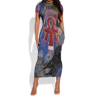 Isis Ankh Symbol Short Sleeve Bodycon Dress with Celestial Wings in Ancient Egyptian Cosmic