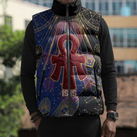 Isis Ankh Symbol Sleeveless Puffer Jacket with Celestial Wings in Ancient Egyptian Cosmic