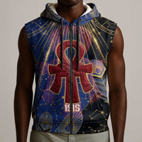 Isis Ankh Symbol Sleeveless Zip Hoodie with Celestial Wings in Ancient Egyptian Cosmic